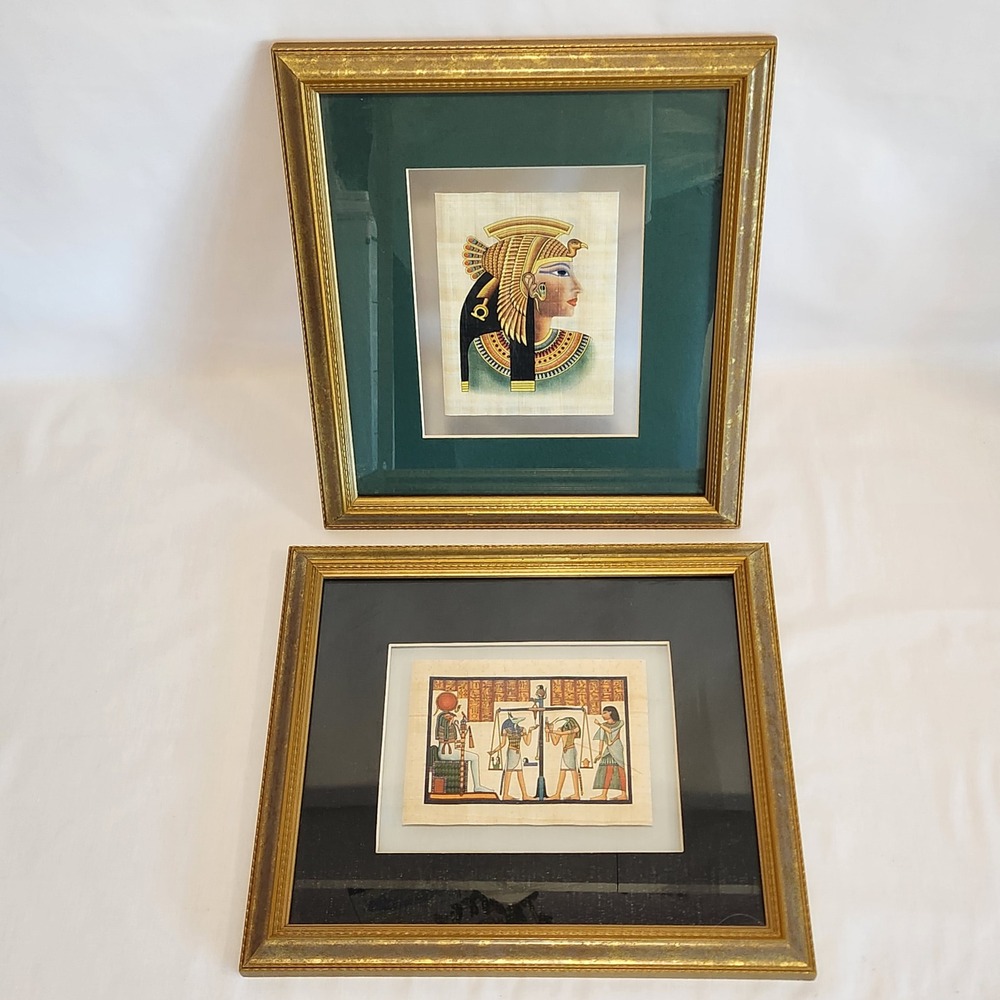 Vintage Egyptian Papyrus Paintings Framed Set of 2 Nefertari‎ Anubis Gold 10x12
